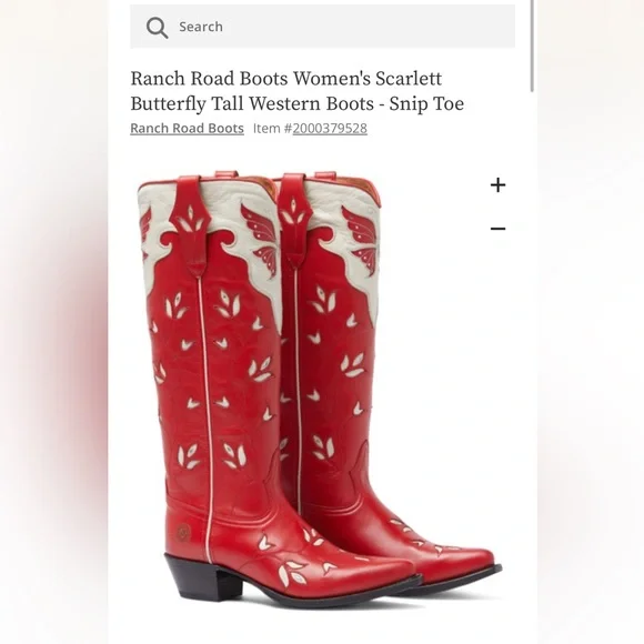 RED AND WHITE COWBOY COWGIRL BOOTS- RANCH ROAD SCARLETT BUTTERFLY - Picture 2 of 6